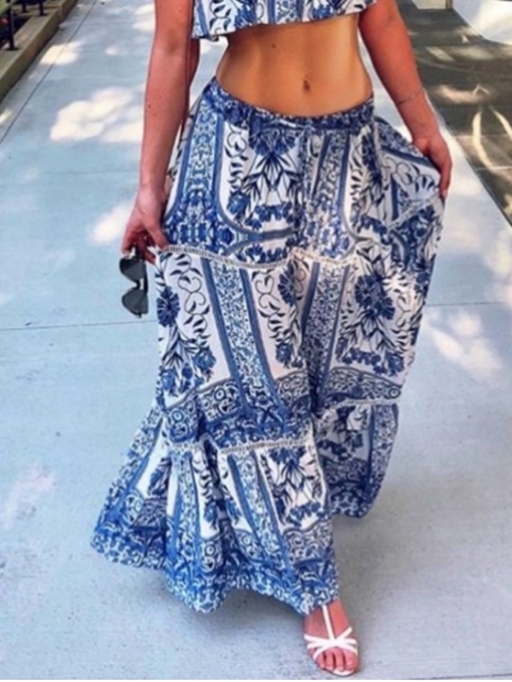 Jaase Blue and White Tiered Maxi Skirt women’s XS